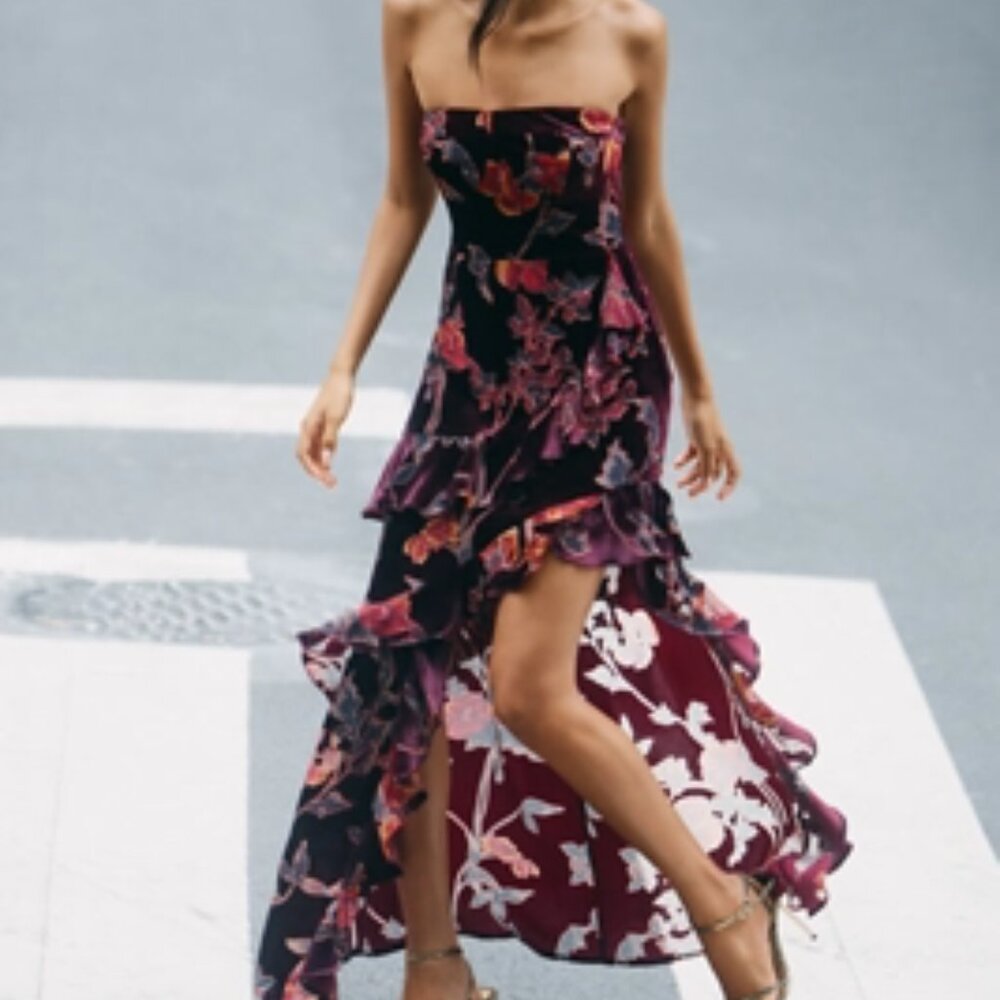 Endless Rose Strapless Ruffled Velvet High-Low Dress